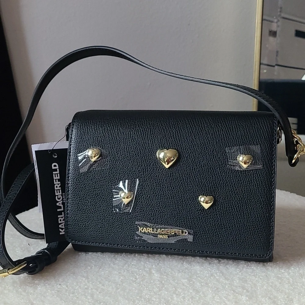 NWT Karl Lagerfeld Paris Maybelle Black Gold Heart Crossbody - Picture 7 of 8